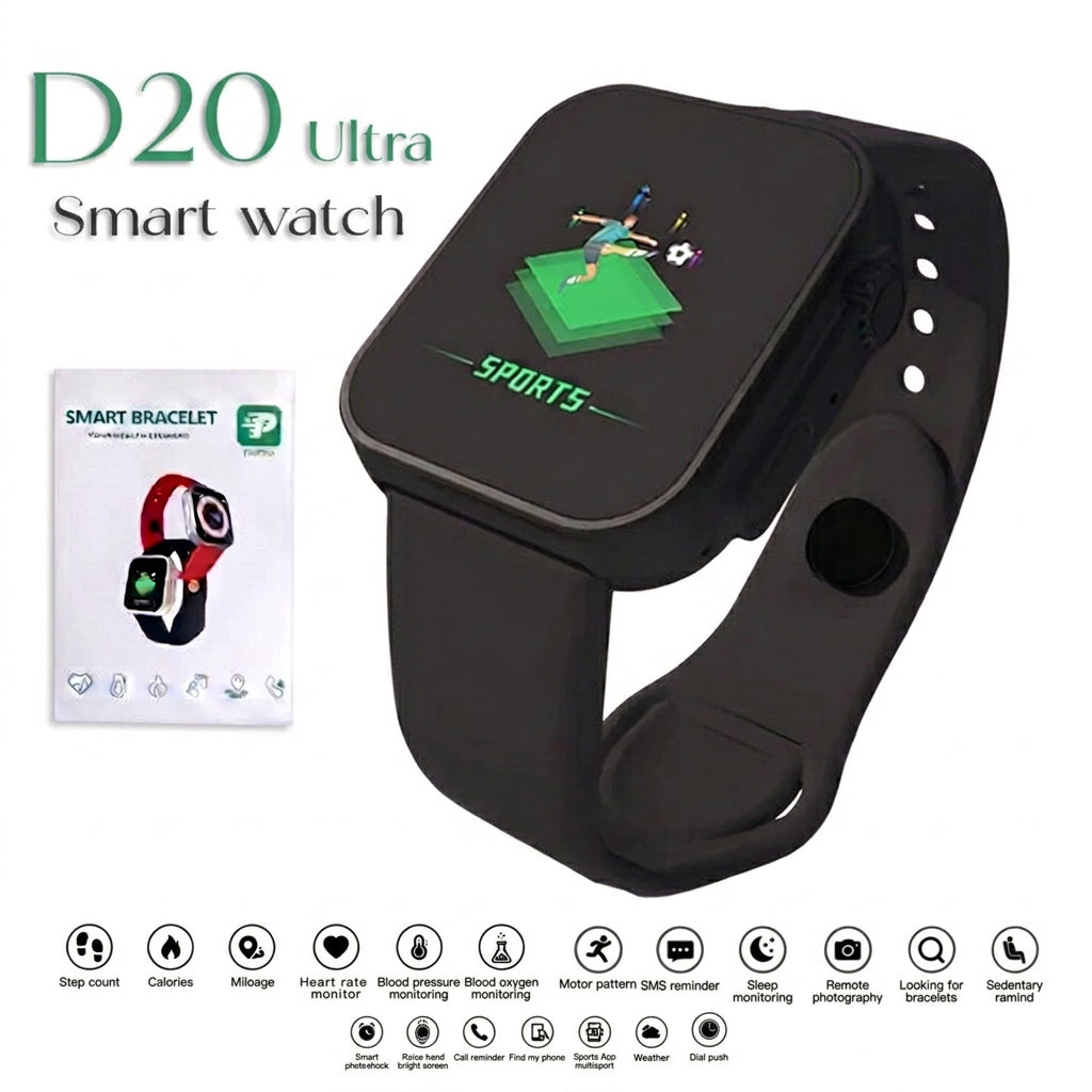 D20 Ultra Fitness Smart Bracelet Watch – Bluetooth Heart Rate & Blood Pressure Monitor (Black)