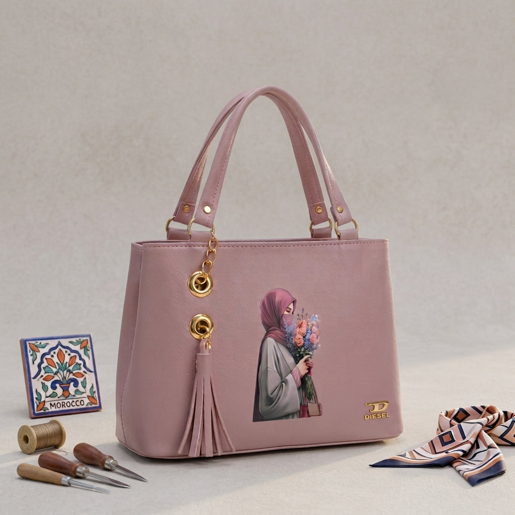 Elegant Pink Hijab Illustration Handbag - Small Size