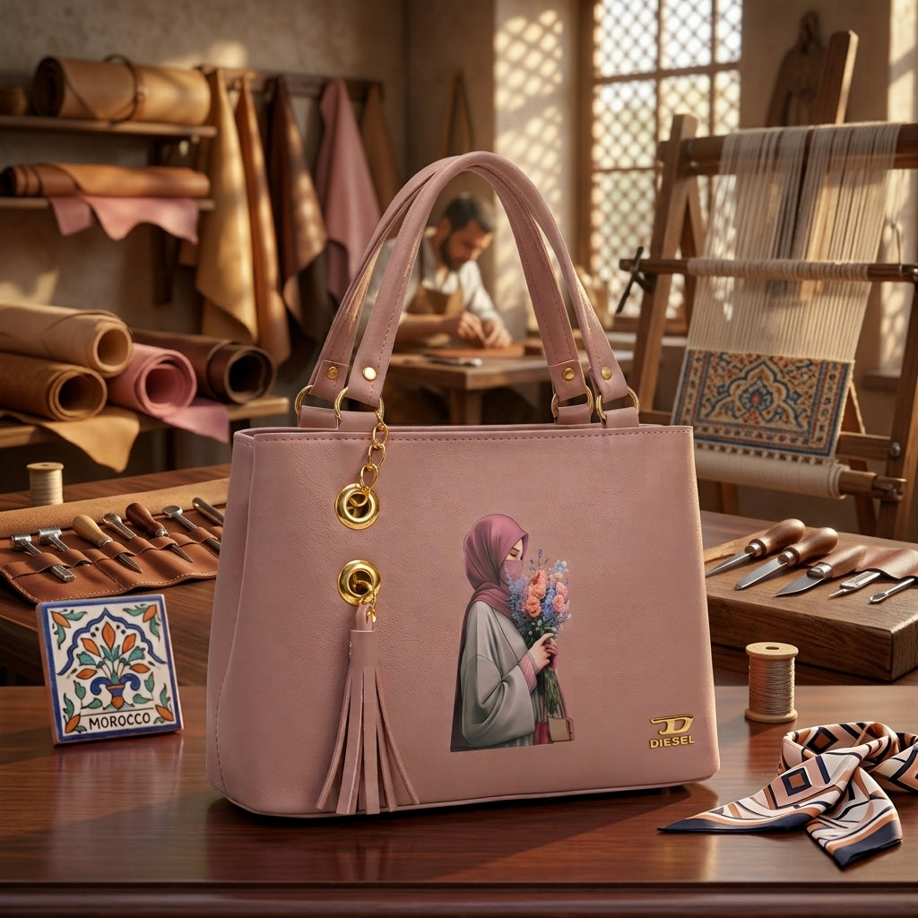 Elegant Pink Hijab Illustration Handbag - Small Size