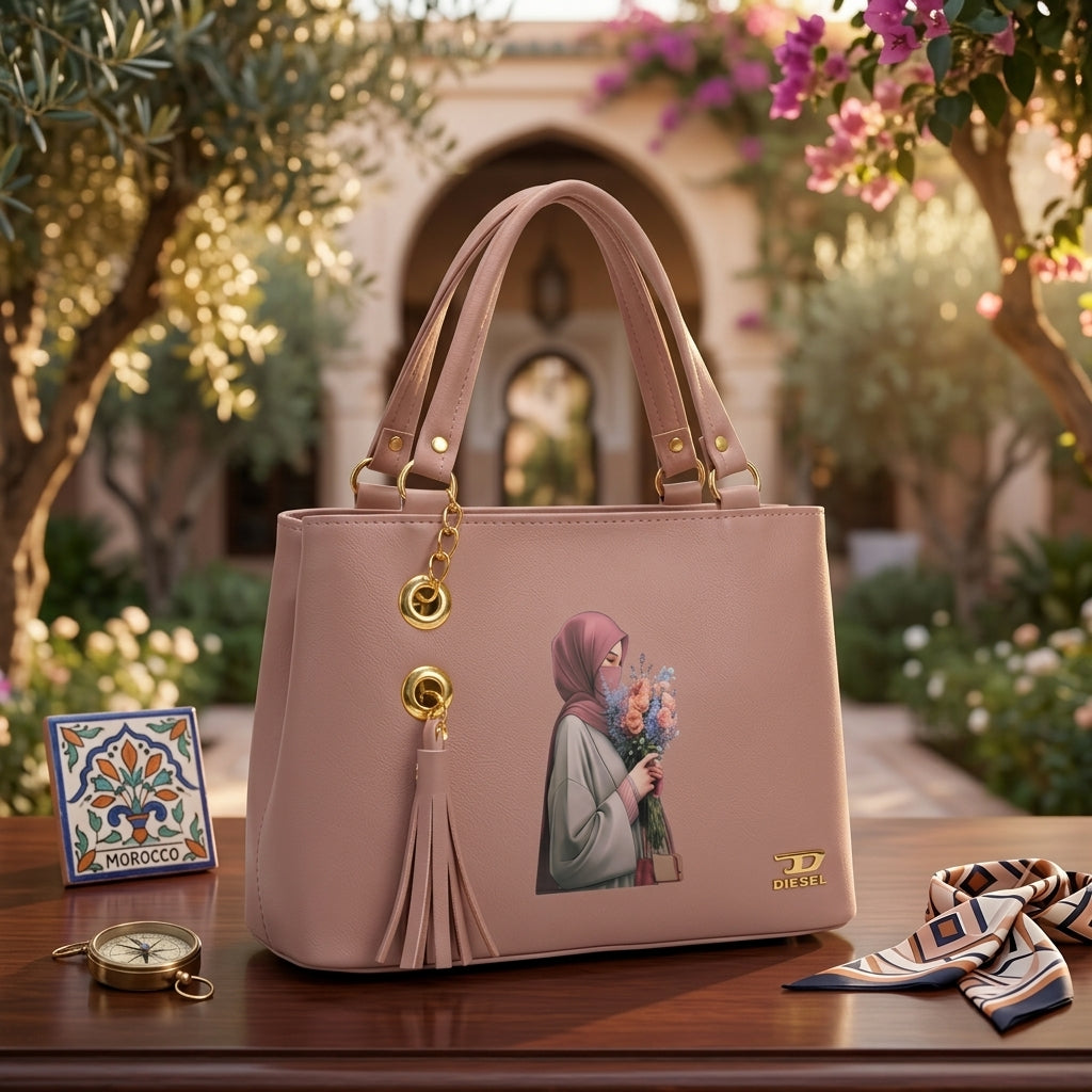 Elegant Pink Hijab Illustration Handbag - Small Size