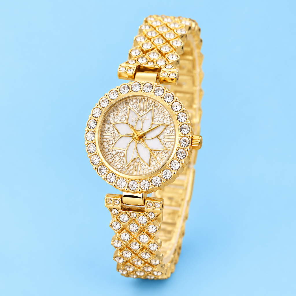 Luxury Floral Crystal Quartz Wrist Watch for Women – Rhinestone Bracelet Analog Fashion Wristwatch for Daily Wear, Party & Gift