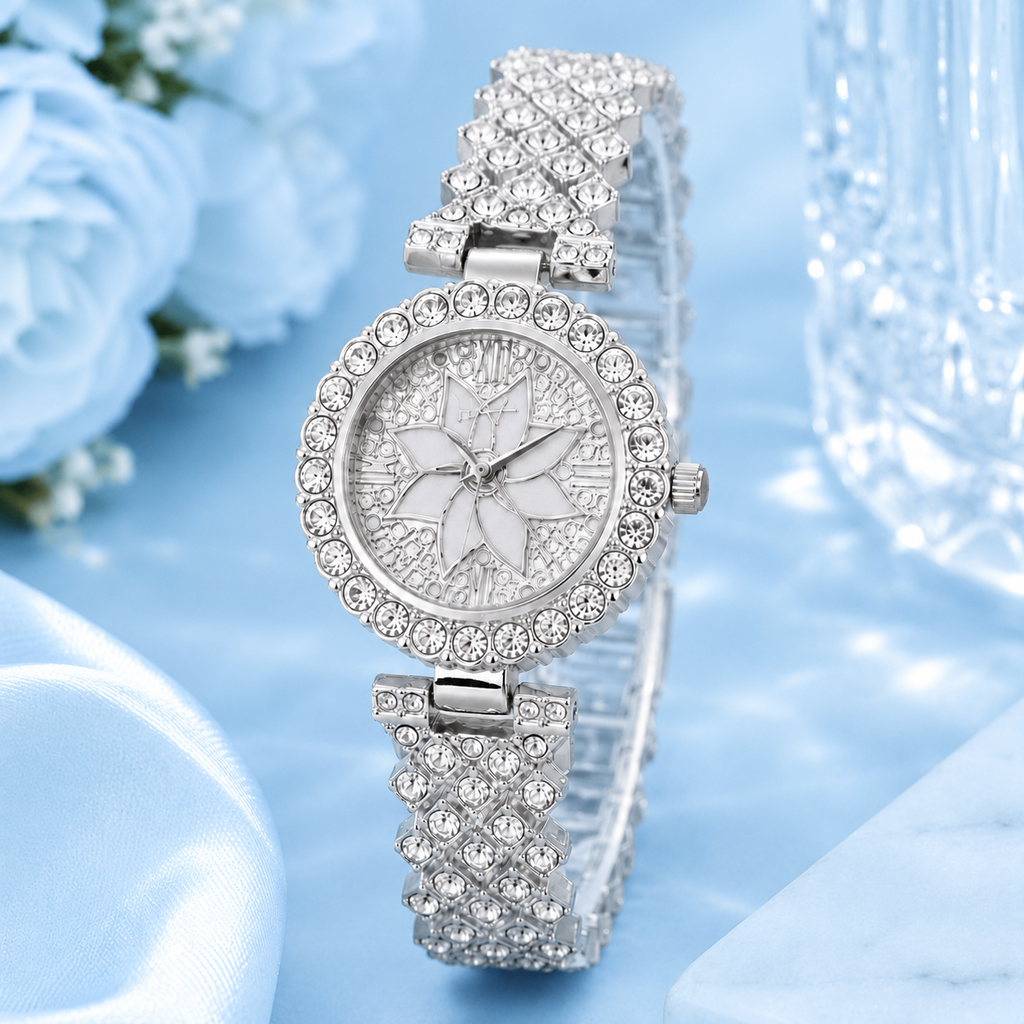 Luxury Floral Crystal Quartz Wrist Watch for Women – Rhinestone Bracelet Analog Fashion Wristwatch for Daily Wear, Party & Gift
