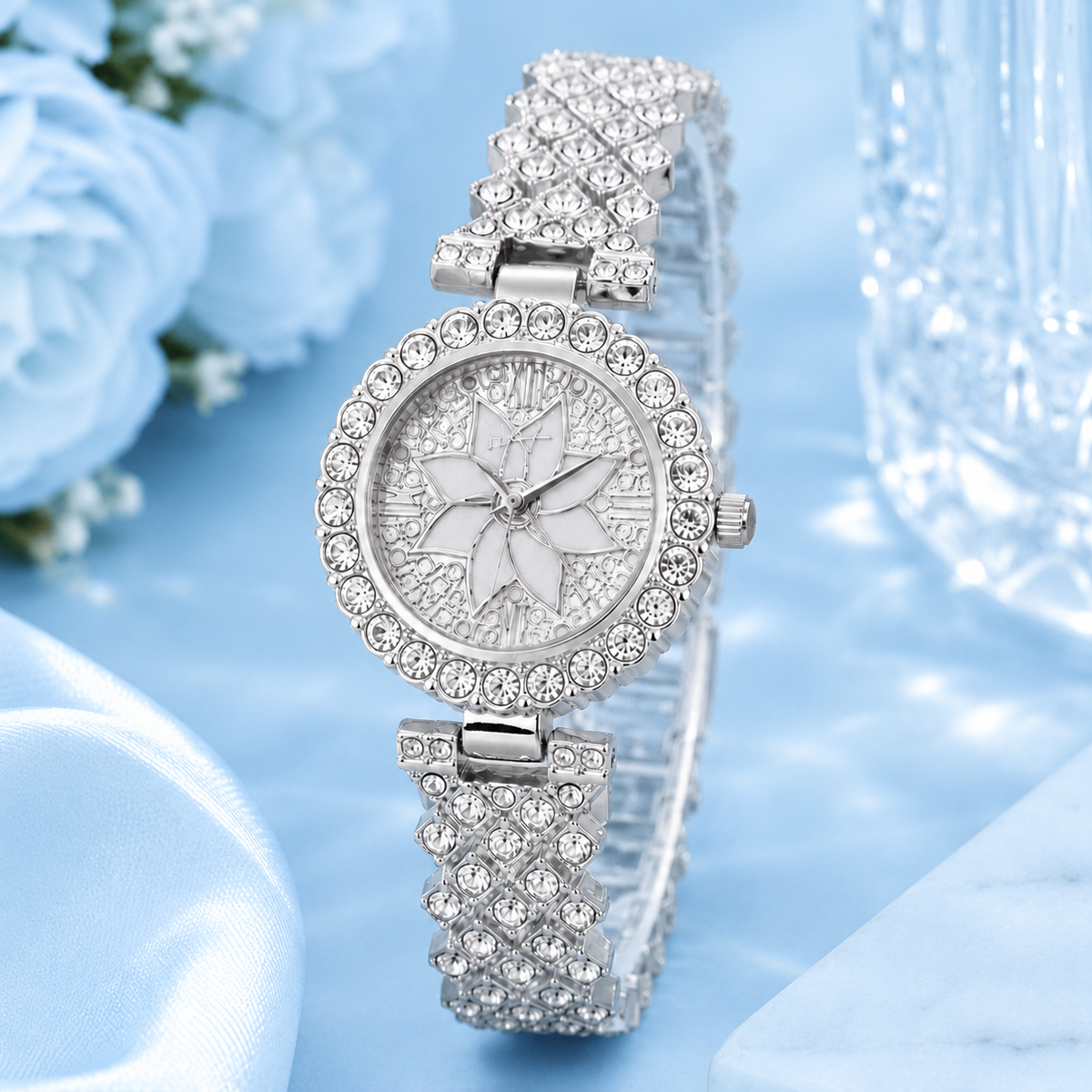 Luxury Floral Crystal Quartz Wrist Watch for Women – Rhinestone Bracelet Analog Fashion Wristwatch for Daily Wear, Party & Gift