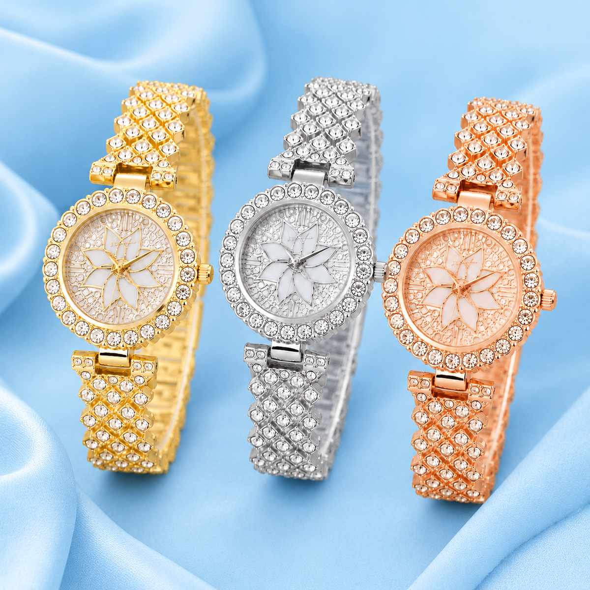 Luxury Floral Crystal Quartz Wrist Watch for Women – Rhinestone Bracelet Analog Fashion Wristwatch for Daily Wear, Party & Gift