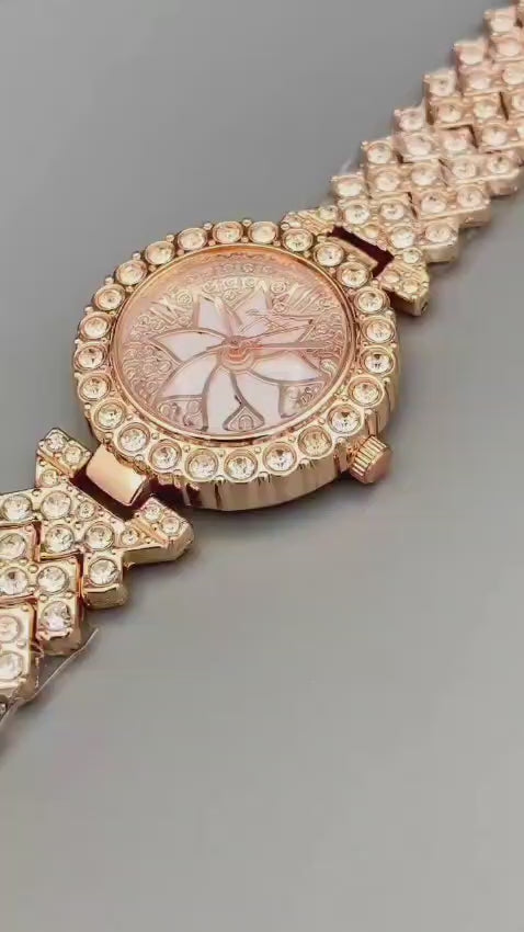 Luxury Floral Crystal Quartz Wrist Watch for Women – Rhinestone Bracelet Analog Fashion Wristwatch for Daily Wear, Party & Gift